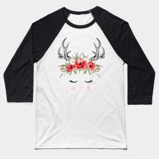 Deer Flower Red Poppy Baseball T-Shirt